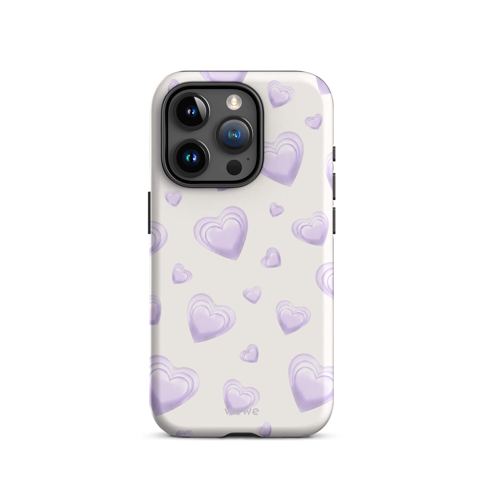 Purple Heart Phone Case featuring scattered layered lavender and lilac 3D hearts in mixed sizes on a creamy white background