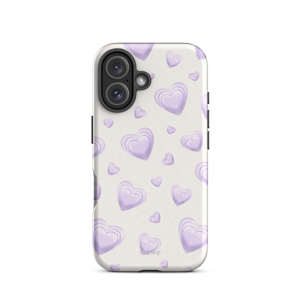 Purple Heart Phone Case featuring scattered layered lavender and lilac 3D hearts in mixed sizes on a creamy white background