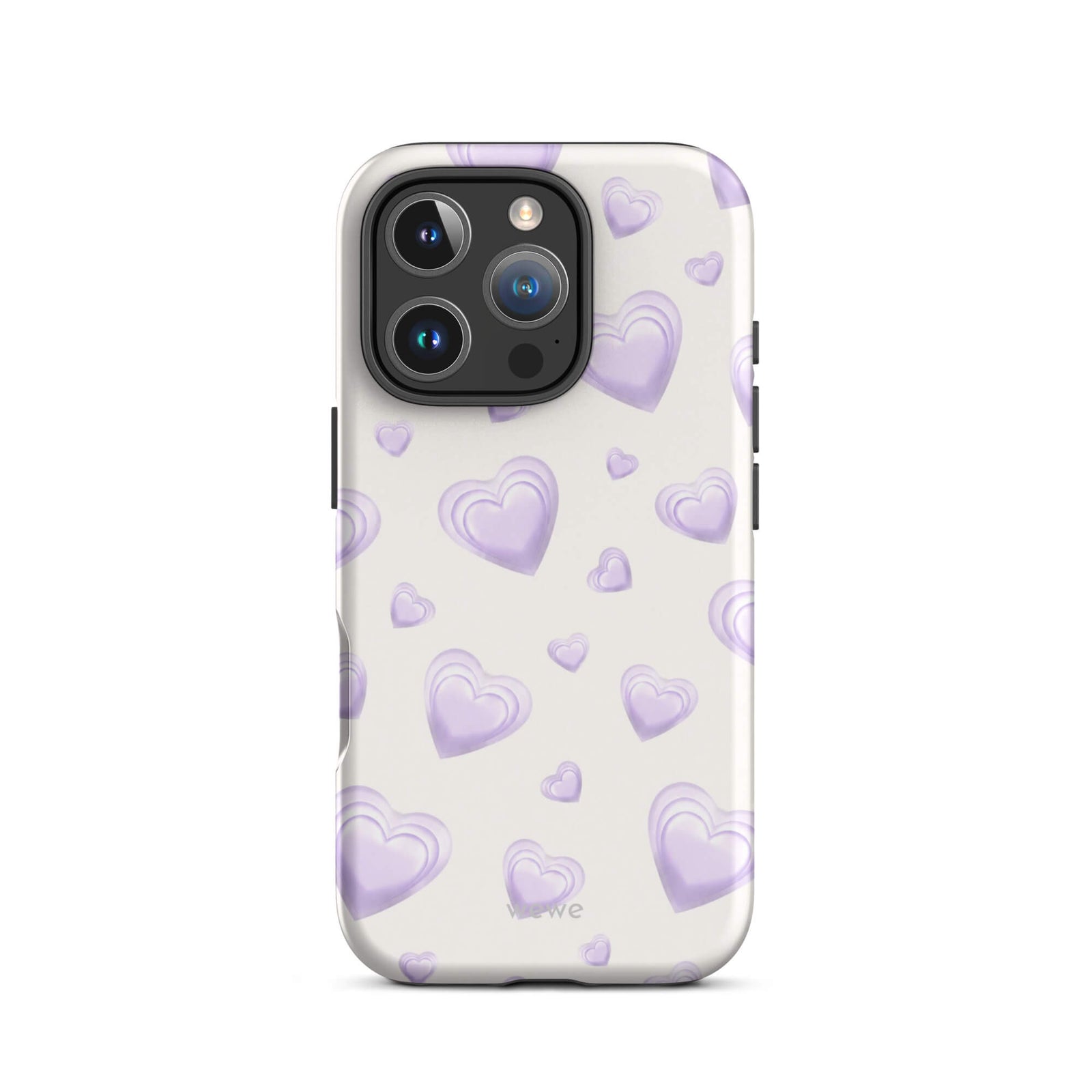 Purple Heart Phone Case featuring scattered layered lavender and lilac 3D hearts in mixed sizes on a creamy white background