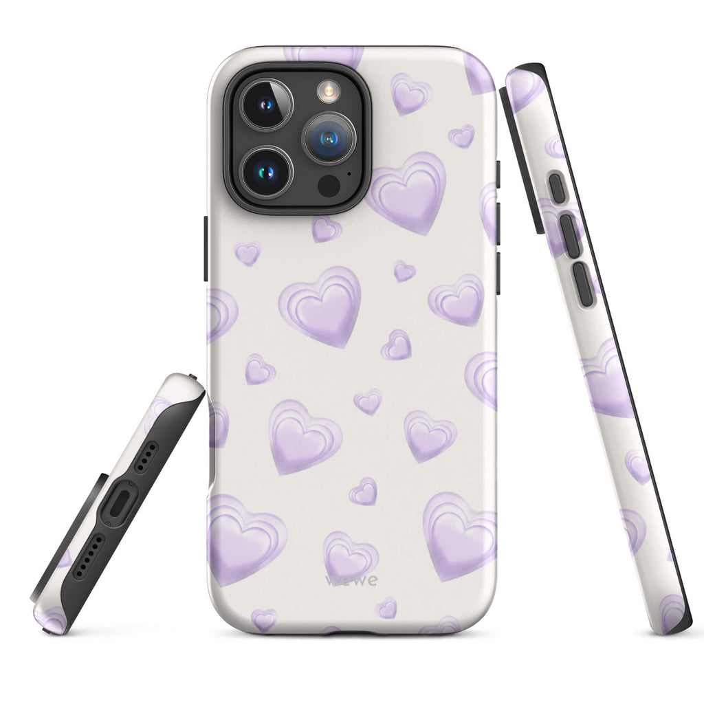 Purple Heart Phone Case featuring scattered layered lavender and lilac 3D hearts in mixed sizes on a creamy white background