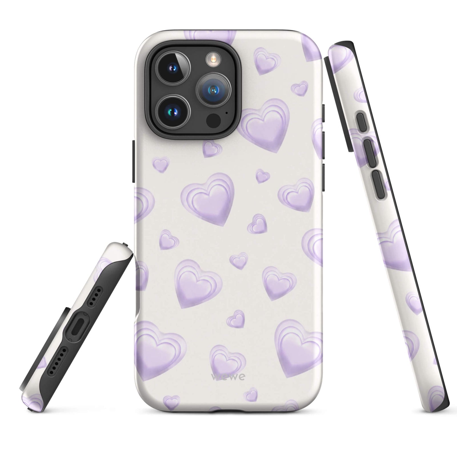 Purple Heart Phone Case featuring scattered layered lavender and lilac 3D hearts in mixed sizes on a creamy white background