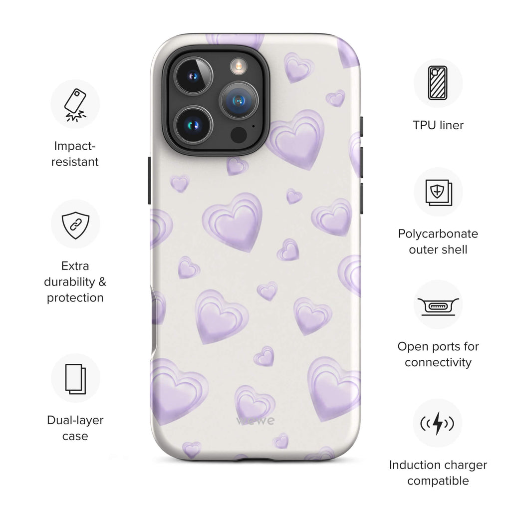 Purple Heart Phone Case featuring scattered layered lavender and lilac 3D hearts in mixed sizes on a creamy white background