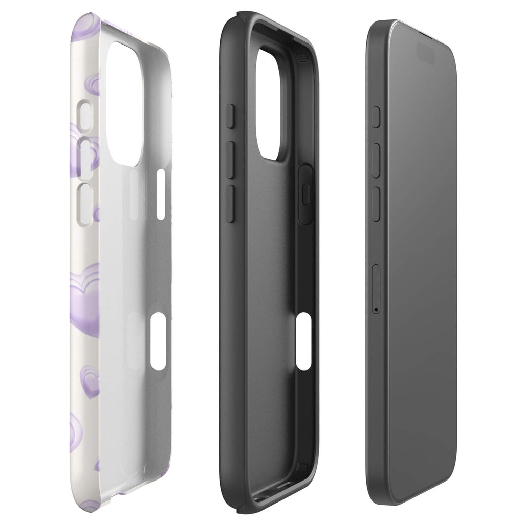 Purple Heart Phone Case featuring scattered layered lavender and lilac 3D hearts in mixed sizes on a creamy white background