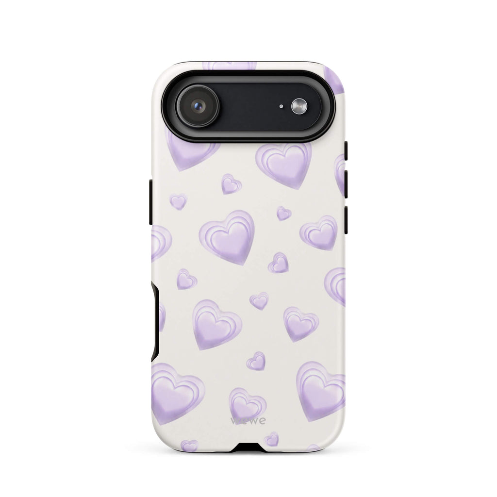 Purple Heart Phone Case featuring scattered layered lavender and lilac 3D hearts in mixed sizes on a creamy white background
