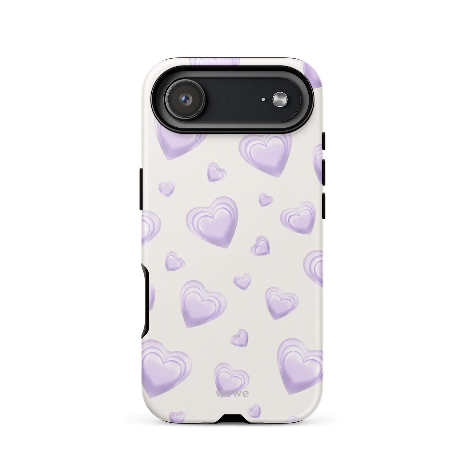 Purple Heart Phone Case featuring scattered layered lavender and lilac 3D hearts in mixed sizes on a creamy white background