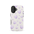 Purple Heart Phone Case featuring scattered layered lavender and lilac 3D hearts in mixed sizes on a creamy white background