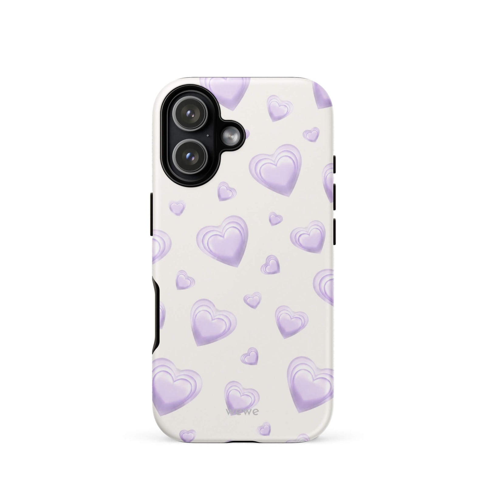 Purple Heart Phone Case featuring scattered layered lavender and lilac 3D hearts in mixed sizes on a creamy white background