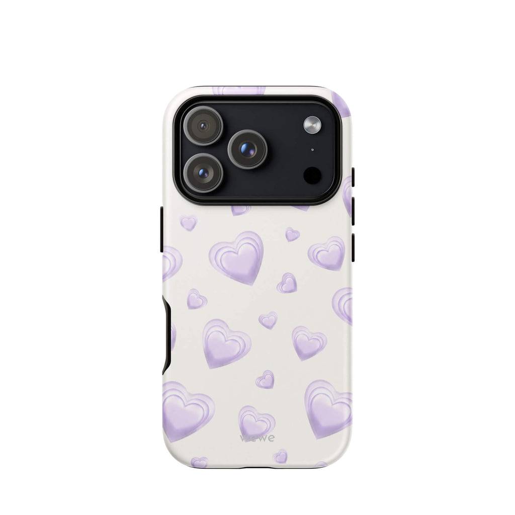 Purple Heart Phone Case featuring scattered layered lavender and lilac 3D hearts in mixed sizes on a creamy white background