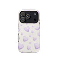 Purple Heart Phone Case featuring scattered layered lavender and lilac 3D hearts in mixed sizes on a creamy white background