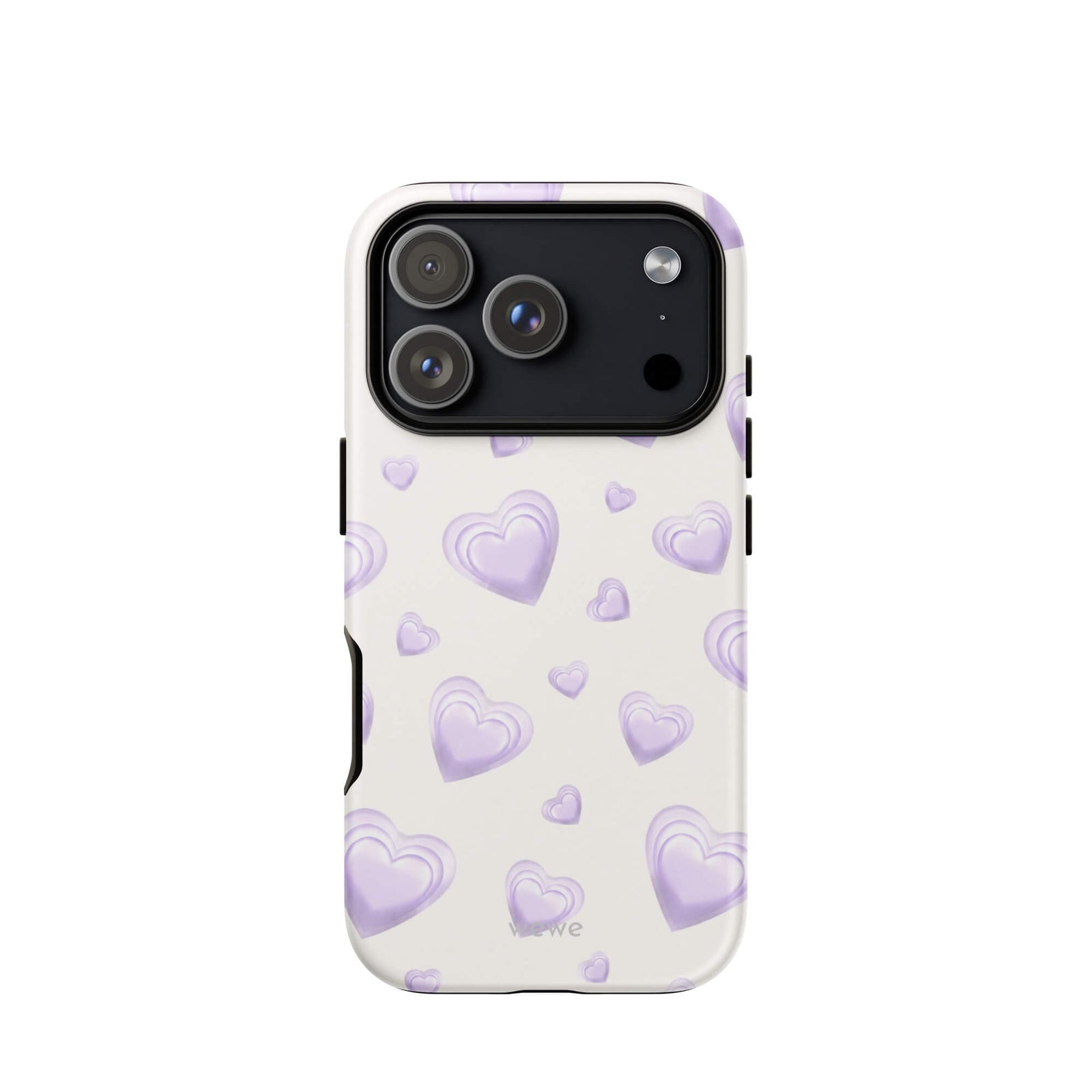 Purple Heart Phone Case featuring scattered layered lavender and lilac 3D hearts in mixed sizes on a creamy white background