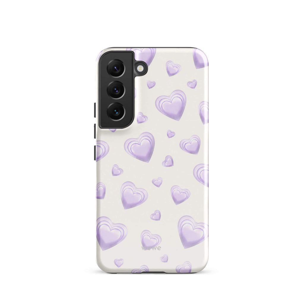 Purple Heart Phone Case featuring scattered layered lavender and lilac 3D hearts in mixed sizes on a creamy white background