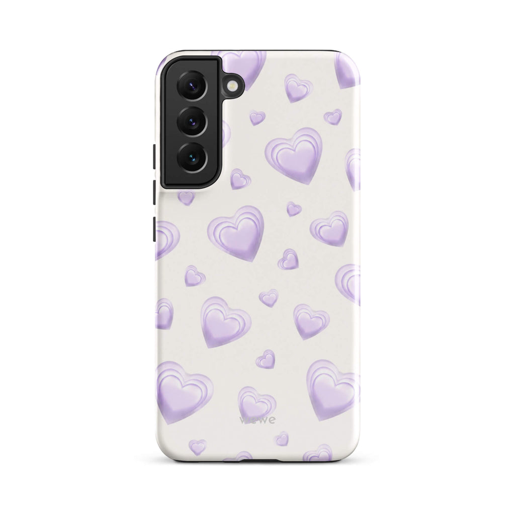Purple Heart Phone Case featuring scattered layered lavender and lilac 3D hearts in mixed sizes on a creamy white background
