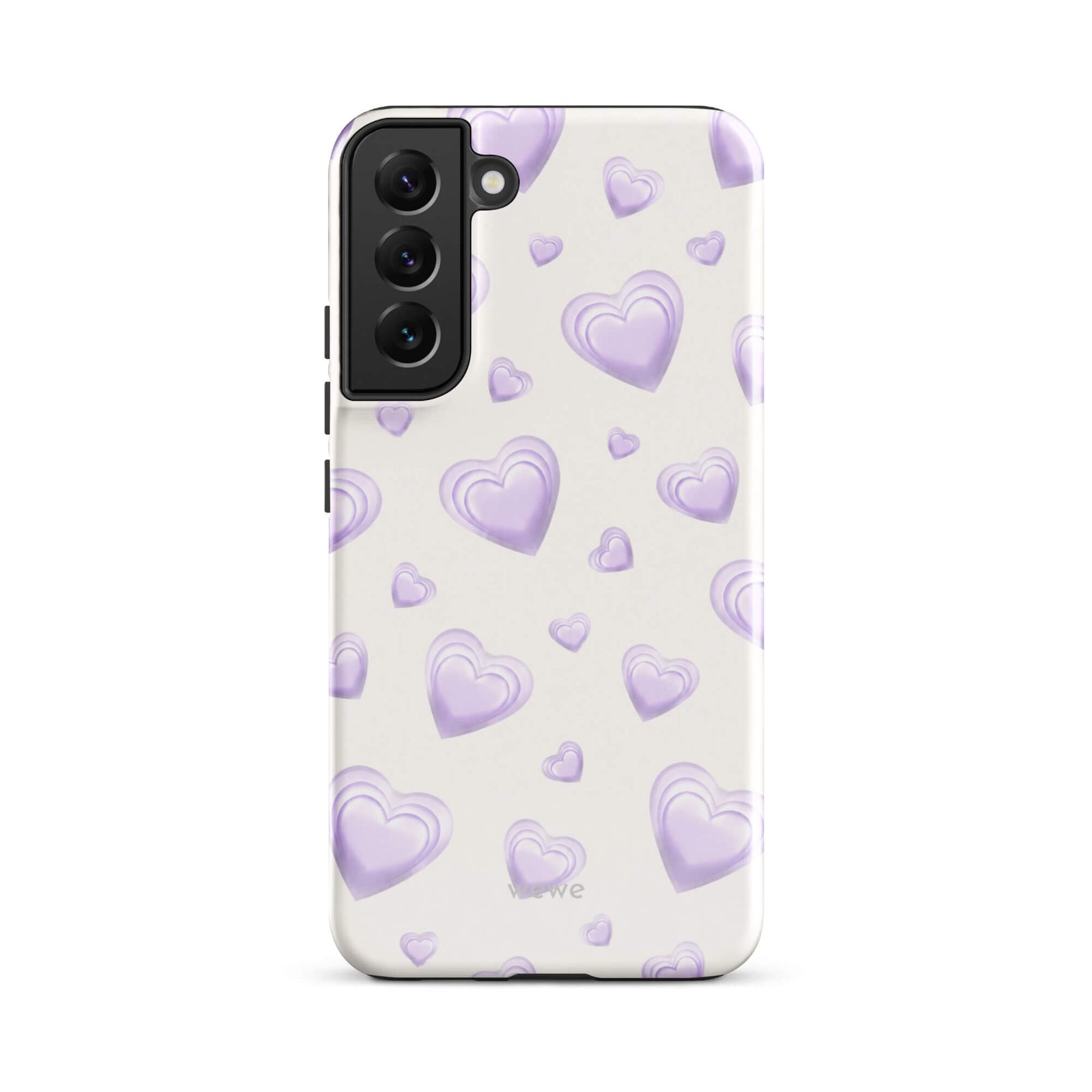 Purple Heart Phone Case featuring scattered layered lavender and lilac 3D hearts in mixed sizes on a creamy white background