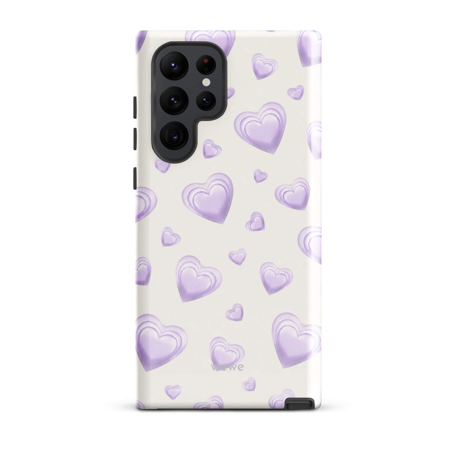 Purple Heart Phone Case featuring scattered layered lavender and lilac 3D hearts in mixed sizes on a creamy white background