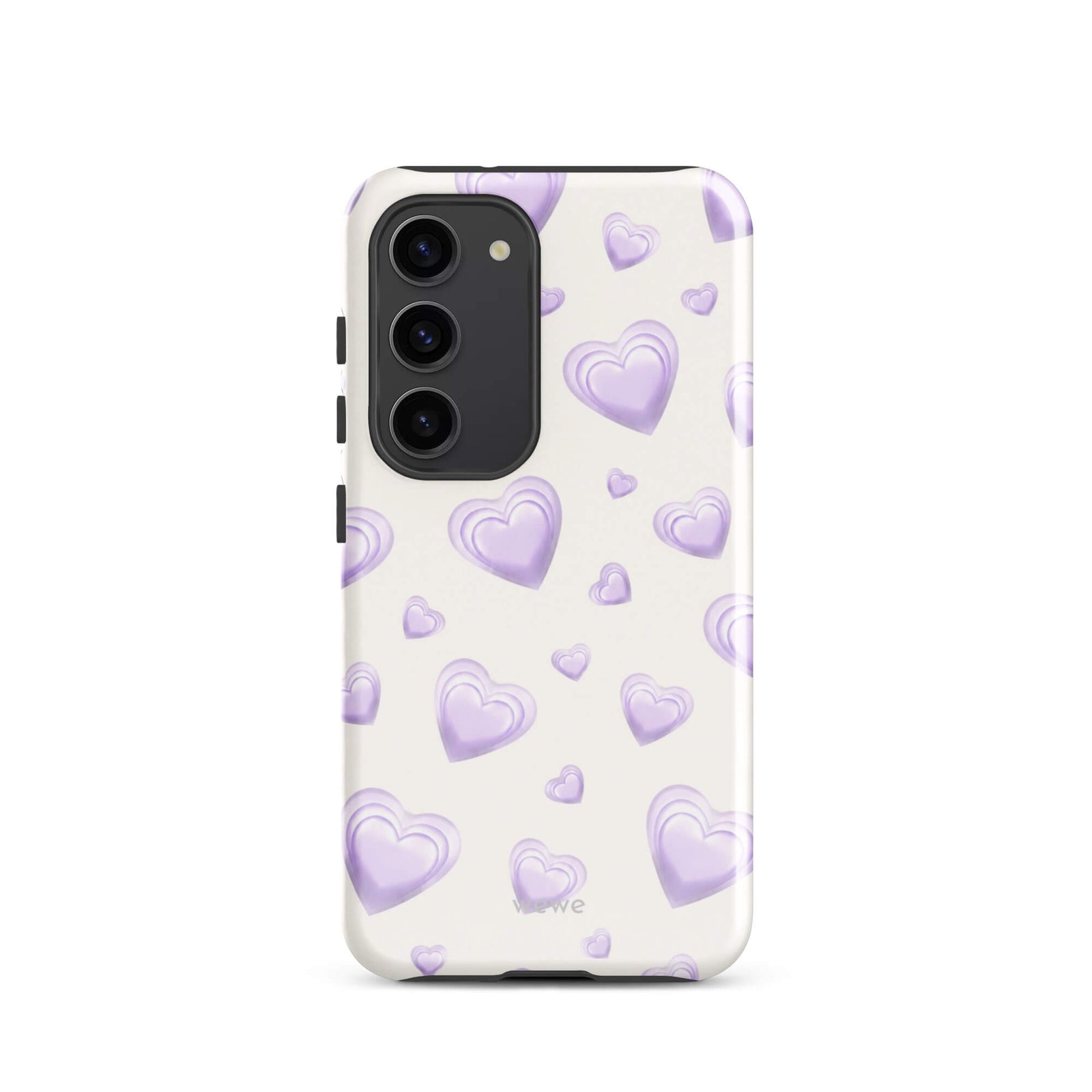 Purple Heart Phone Case featuring scattered layered lavender and lilac 3D hearts in mixed sizes on a creamy white background