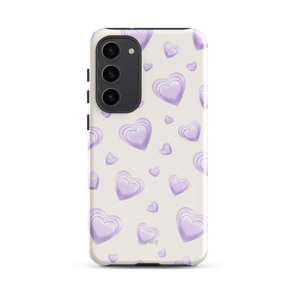 Purple Heart Phone Case featuring scattered layered lavender and lilac 3D hearts in mixed sizes on a creamy white background