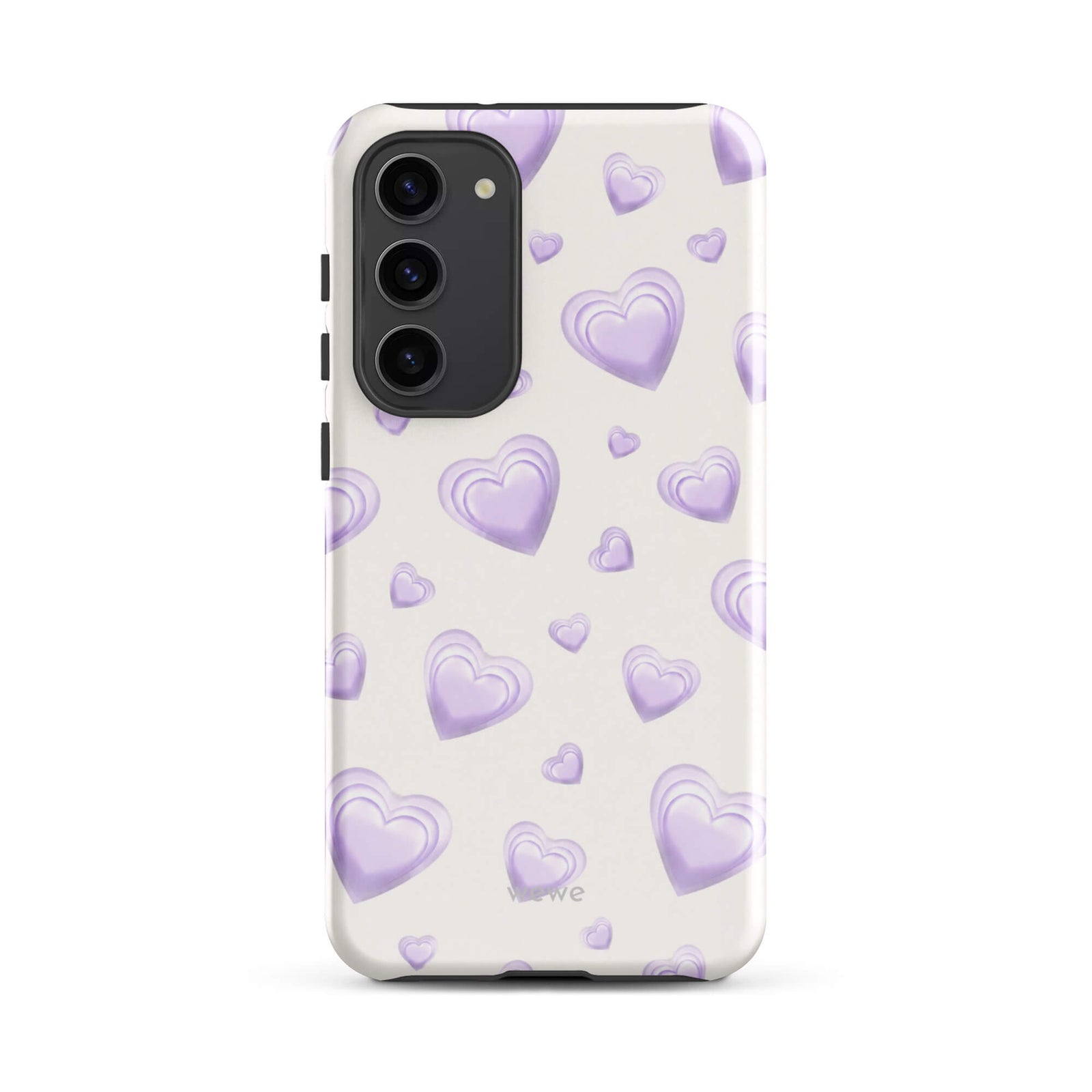 Purple Heart Phone Case featuring scattered layered lavender and lilac 3D hearts in mixed sizes on a creamy white background