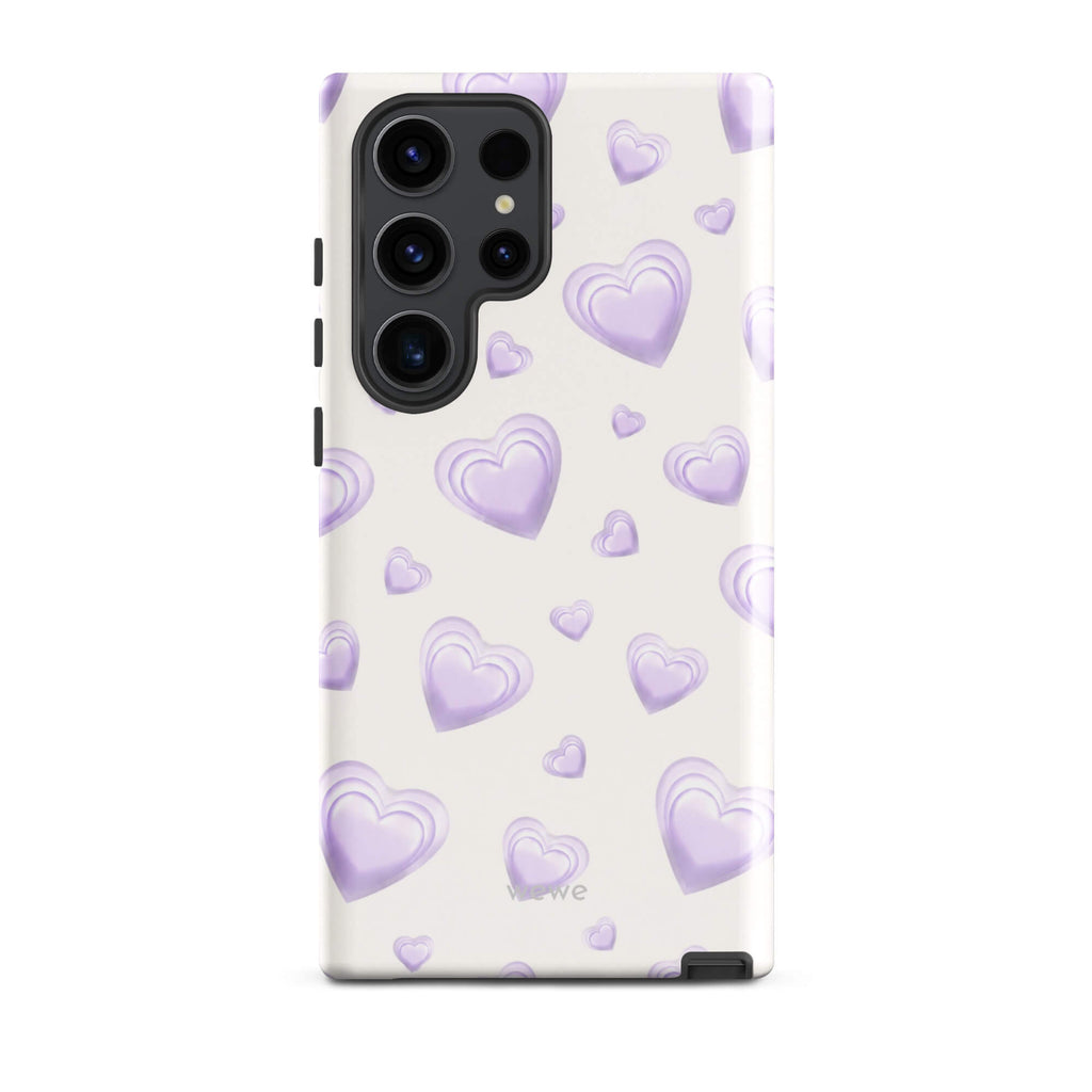 Purple Heart Phone Case featuring scattered layered lavender and lilac 3D hearts in mixed sizes on a creamy white background