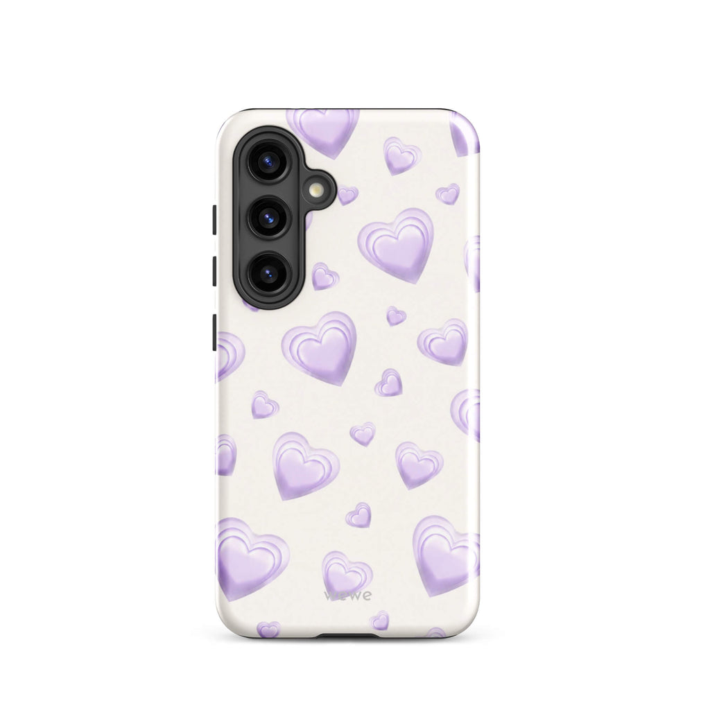Purple Heart Phone Case featuring scattered layered lavender and lilac 3D hearts in mixed sizes on a creamy white background