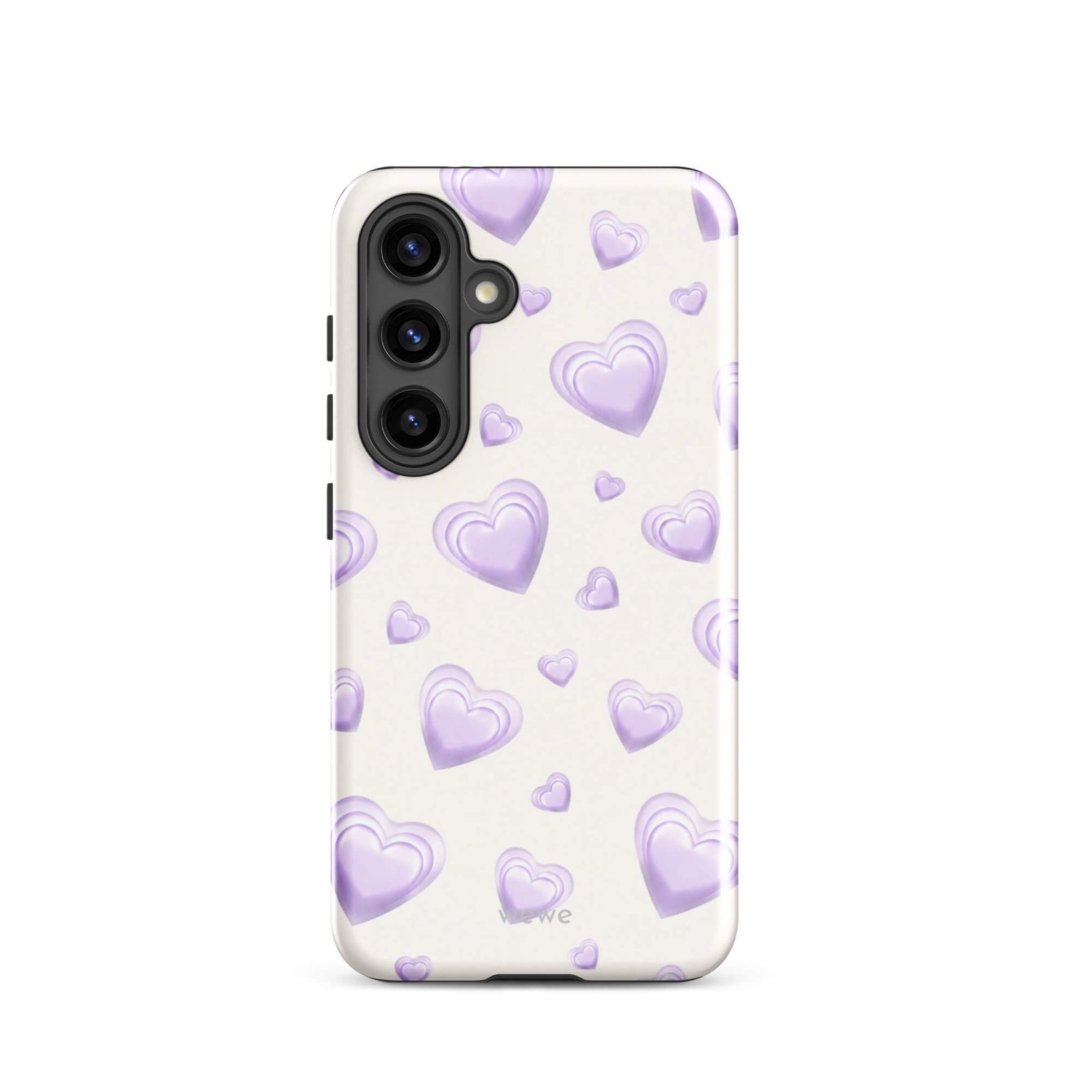 Purple Heart Phone Case featuring scattered layered lavender and lilac 3D hearts in mixed sizes on a creamy white background