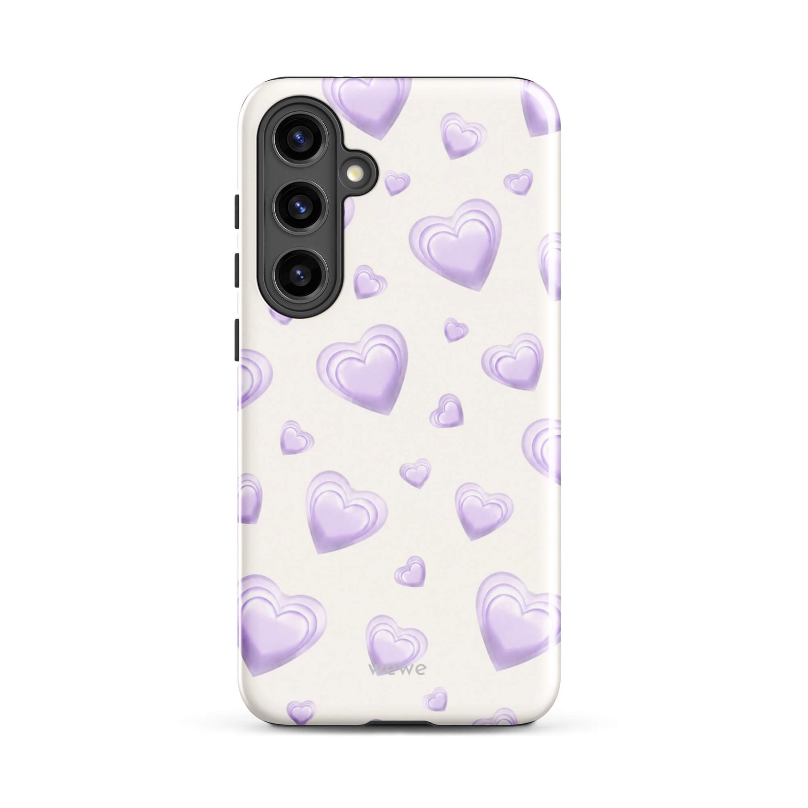 Purple Heart Phone Case featuring scattered layered lavender and lilac 3D hearts in mixed sizes on a creamy white background