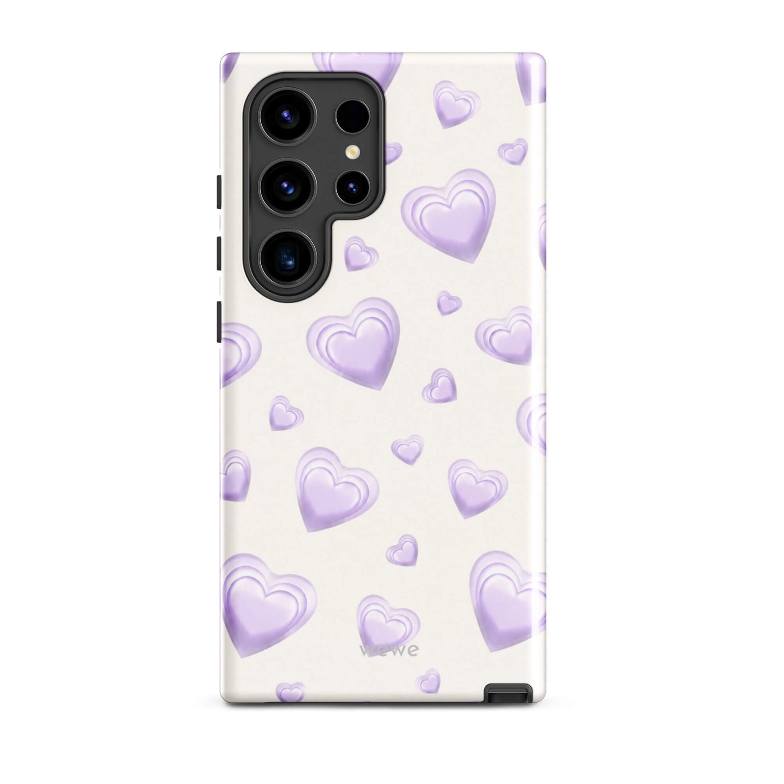 Purple Heart Phone Case featuring scattered layered lavender and lilac 3D hearts in mixed sizes on a creamy white background