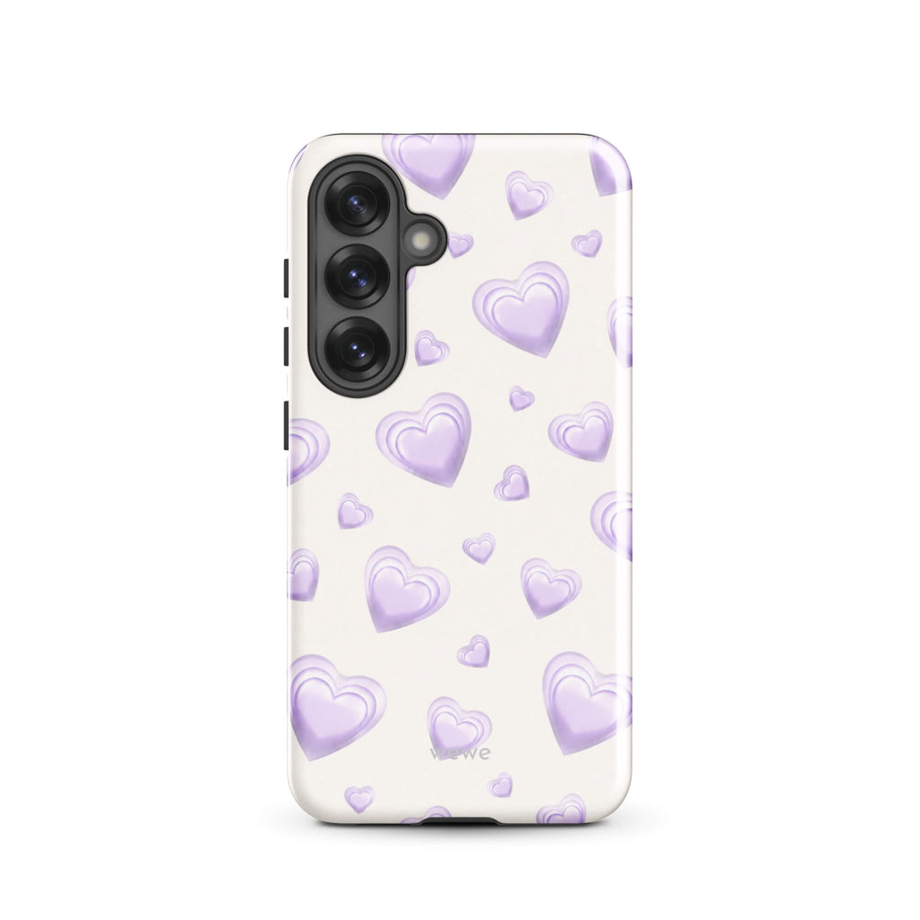 Purple Heart Phone Case featuring scattered layered lavender and lilac 3D hearts in mixed sizes on a creamy white background