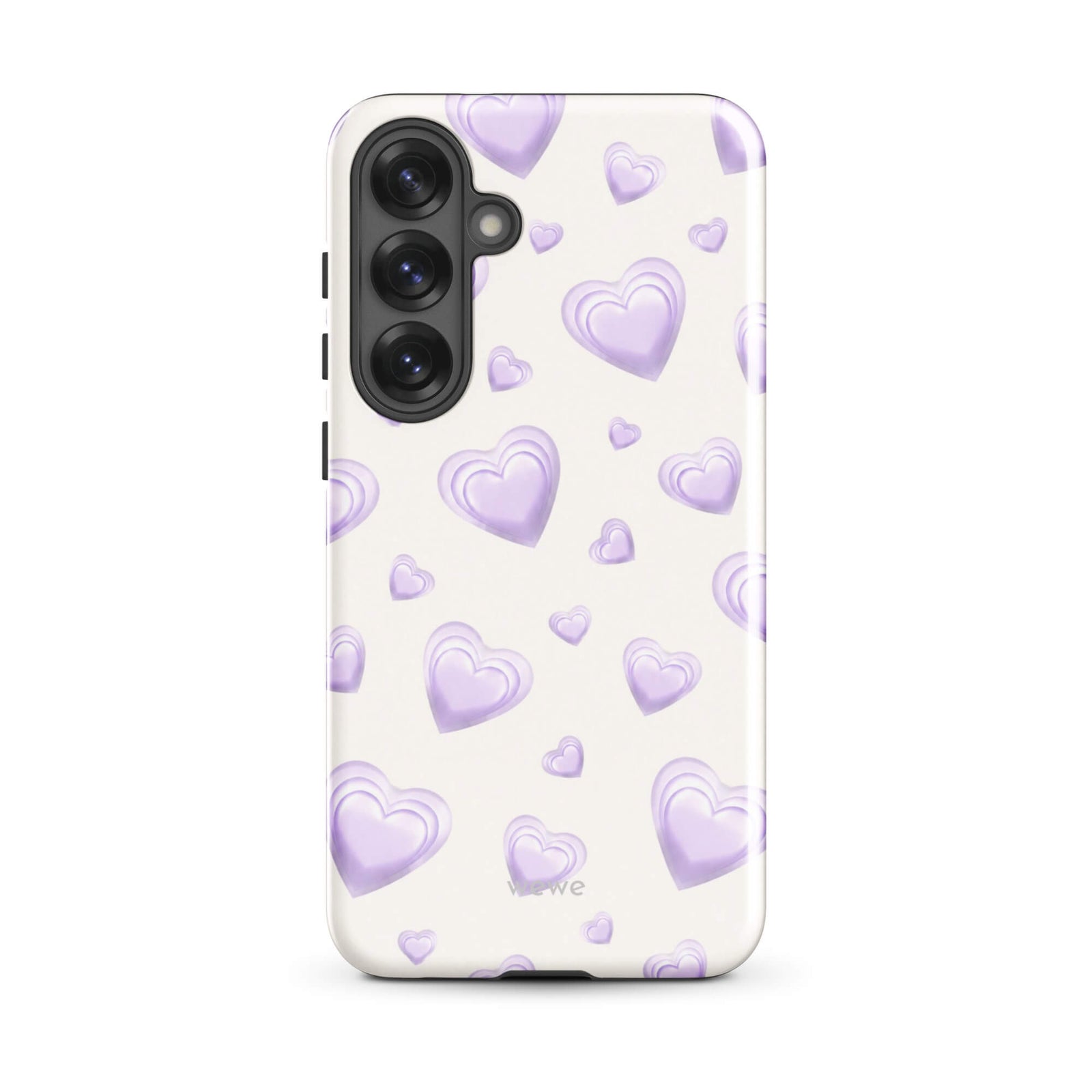 Purple Heart Phone Case featuring scattered layered lavender and lilac 3D hearts in mixed sizes on a creamy white background