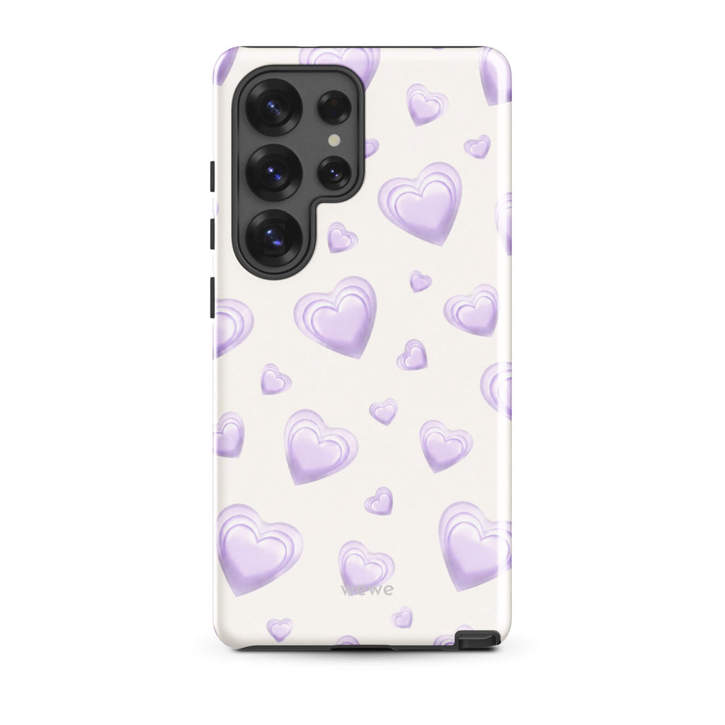 Purple Heart Phone Case featuring scattered layered lavender and lilac 3D hearts in mixed sizes on a creamy white background