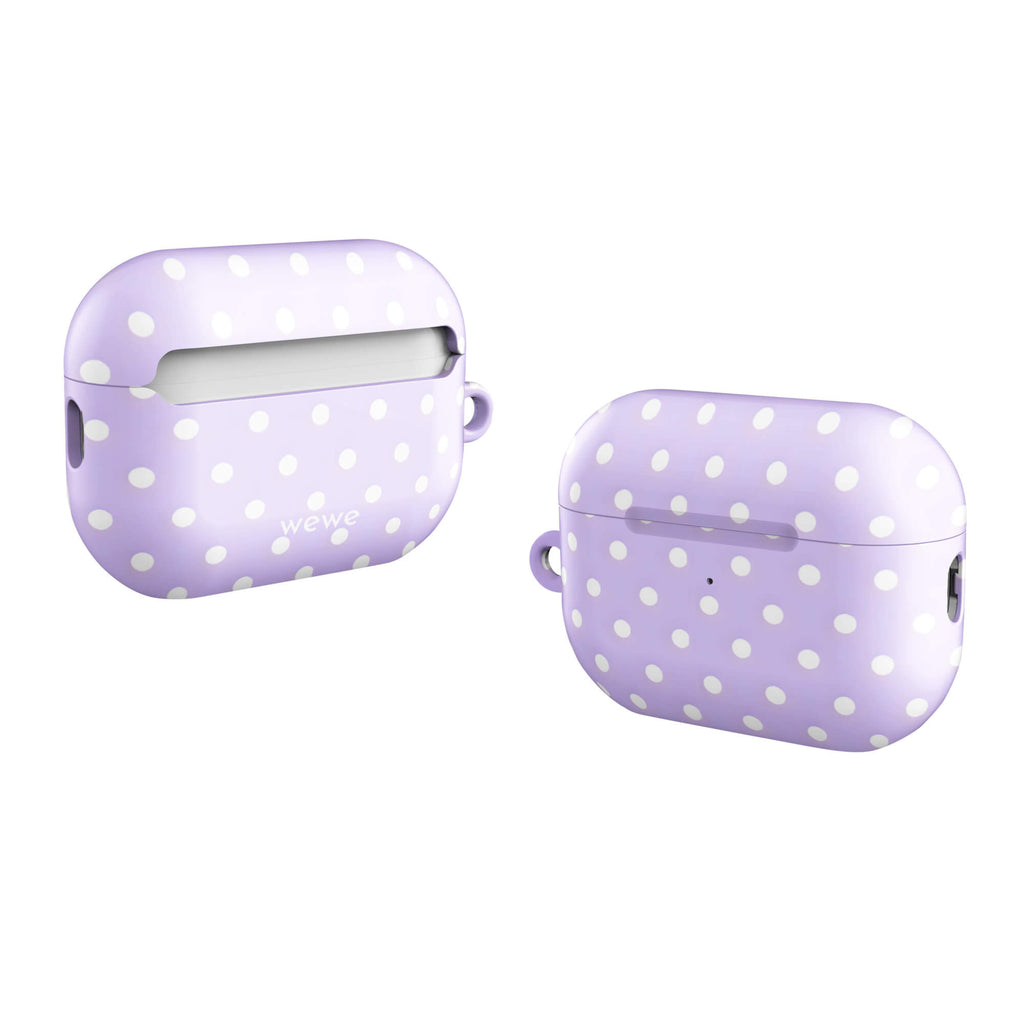 Custom AirPods case pro gen2 with a cute and classic white polka dot pattern on a soft lavender purple background.