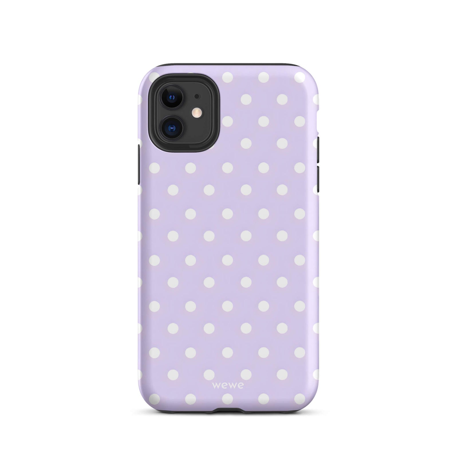 Custom iPhone case 11 with a soft purple background and a pattern of small white polka dots.