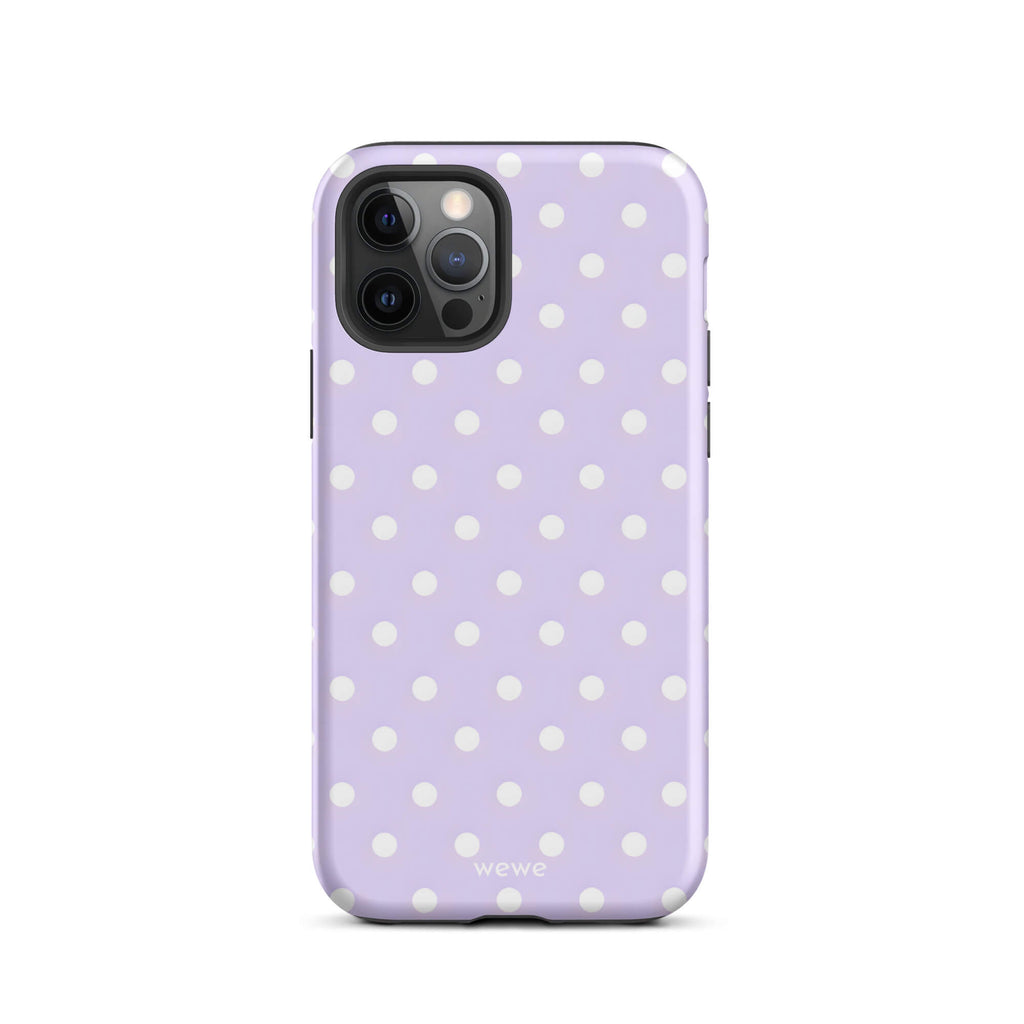 Custom iPhone case 12 pro with a soft purple background and a pattern of small white polka dots.