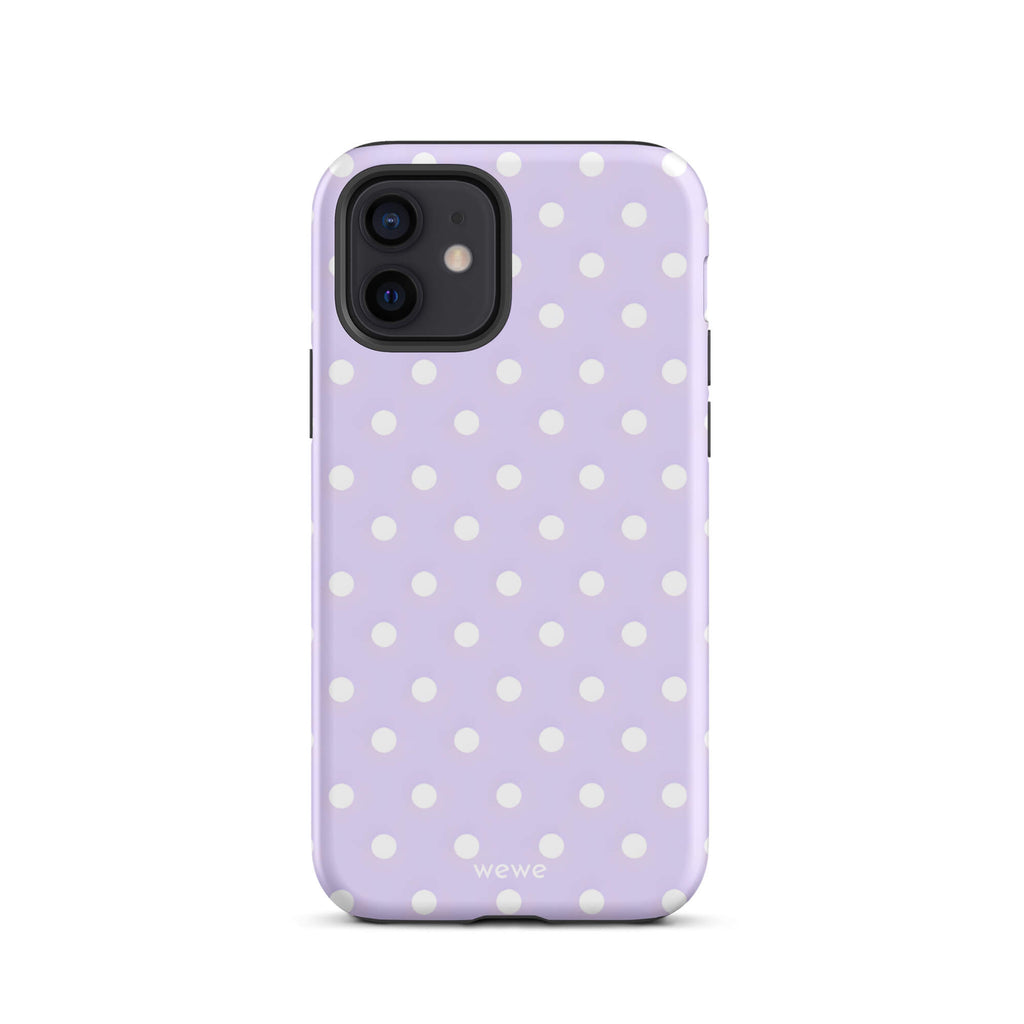 Custom iPhone case 12 with a soft purple background and a pattern of small white polka dots.