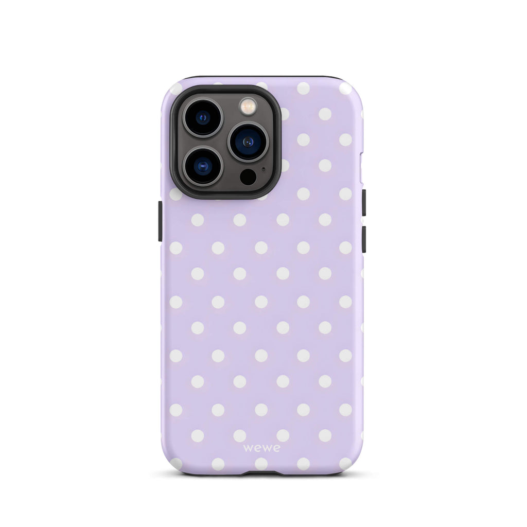 Custom iPhone case 13 pro with a soft purple background and a pattern of small white polka dots.