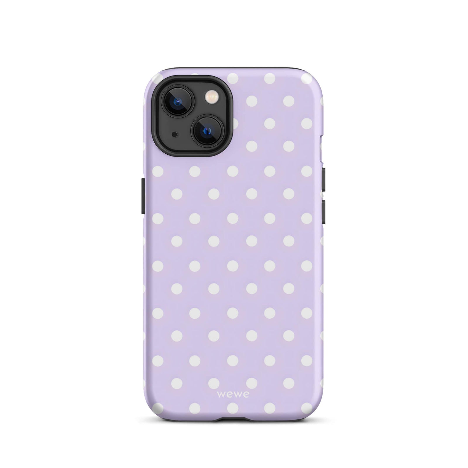 Custom iPhone case 13 with a soft purple background and a pattern of small white polka dots.