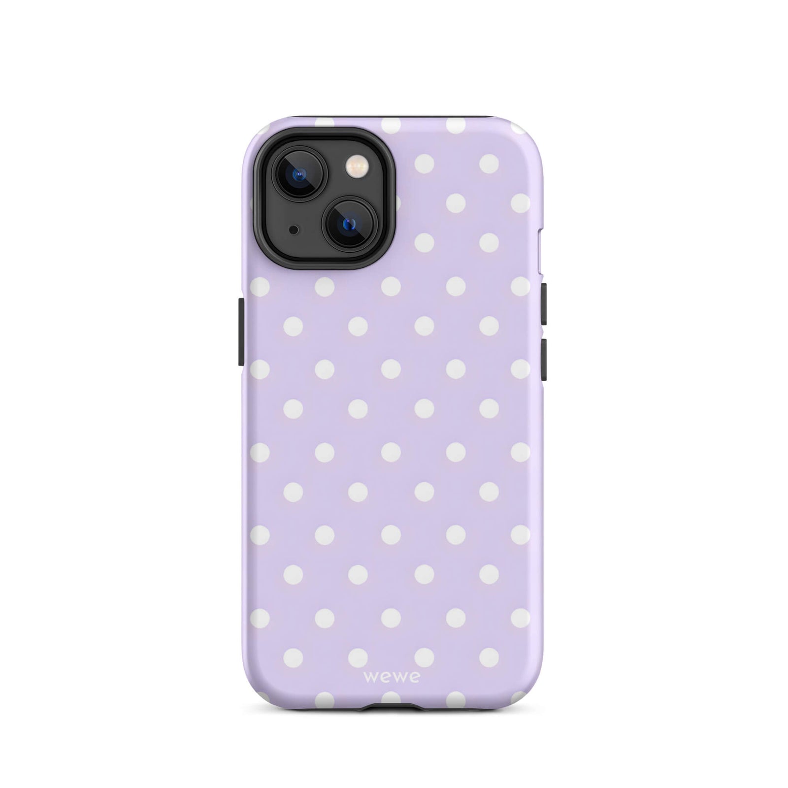 Custom iPhone case 14 with a soft purple background and a pattern of small white polka dots.