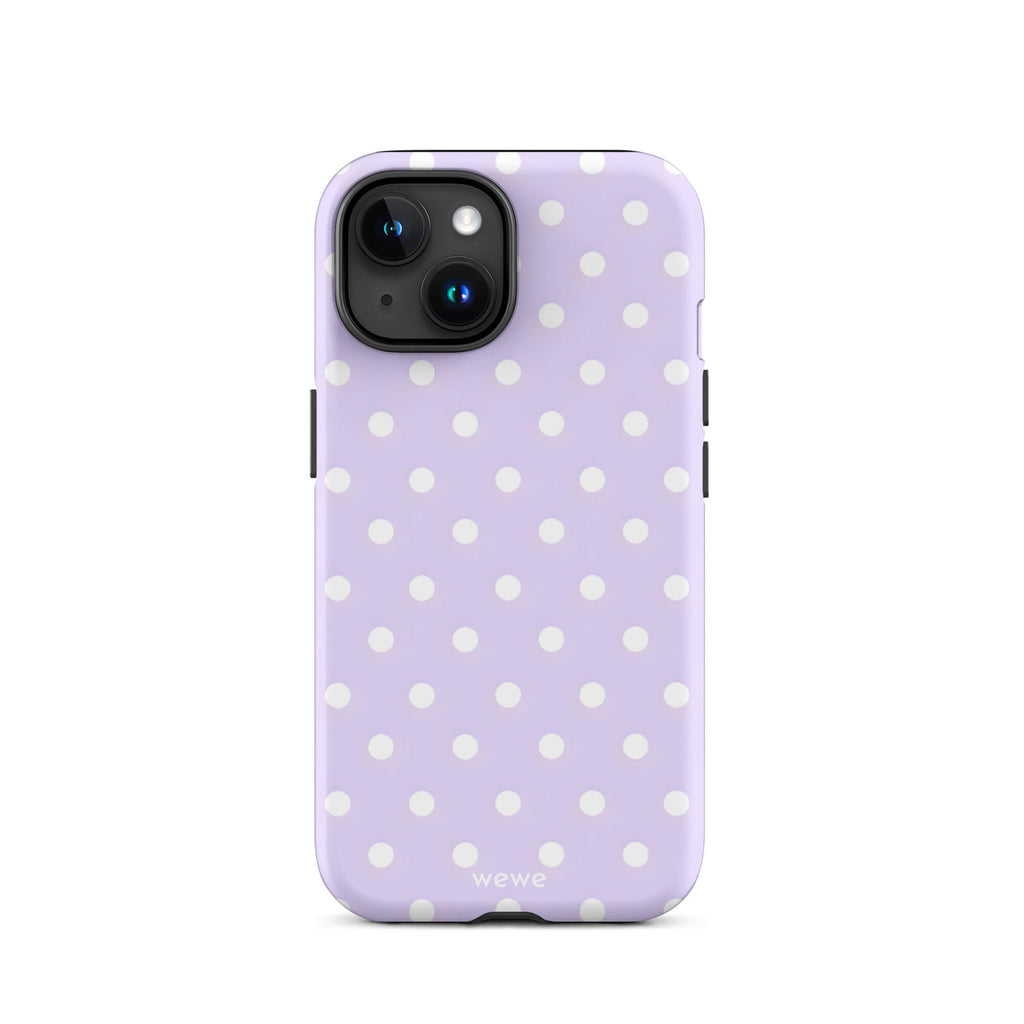 Custom iPhone case 15 with a soft purple background and a pattern of small white polka dots.
