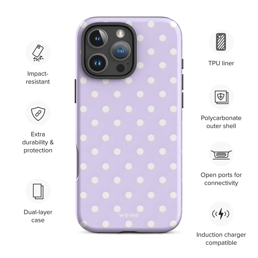 Custom purple polka dot iphone case 16 pro max wireless charging compatible.