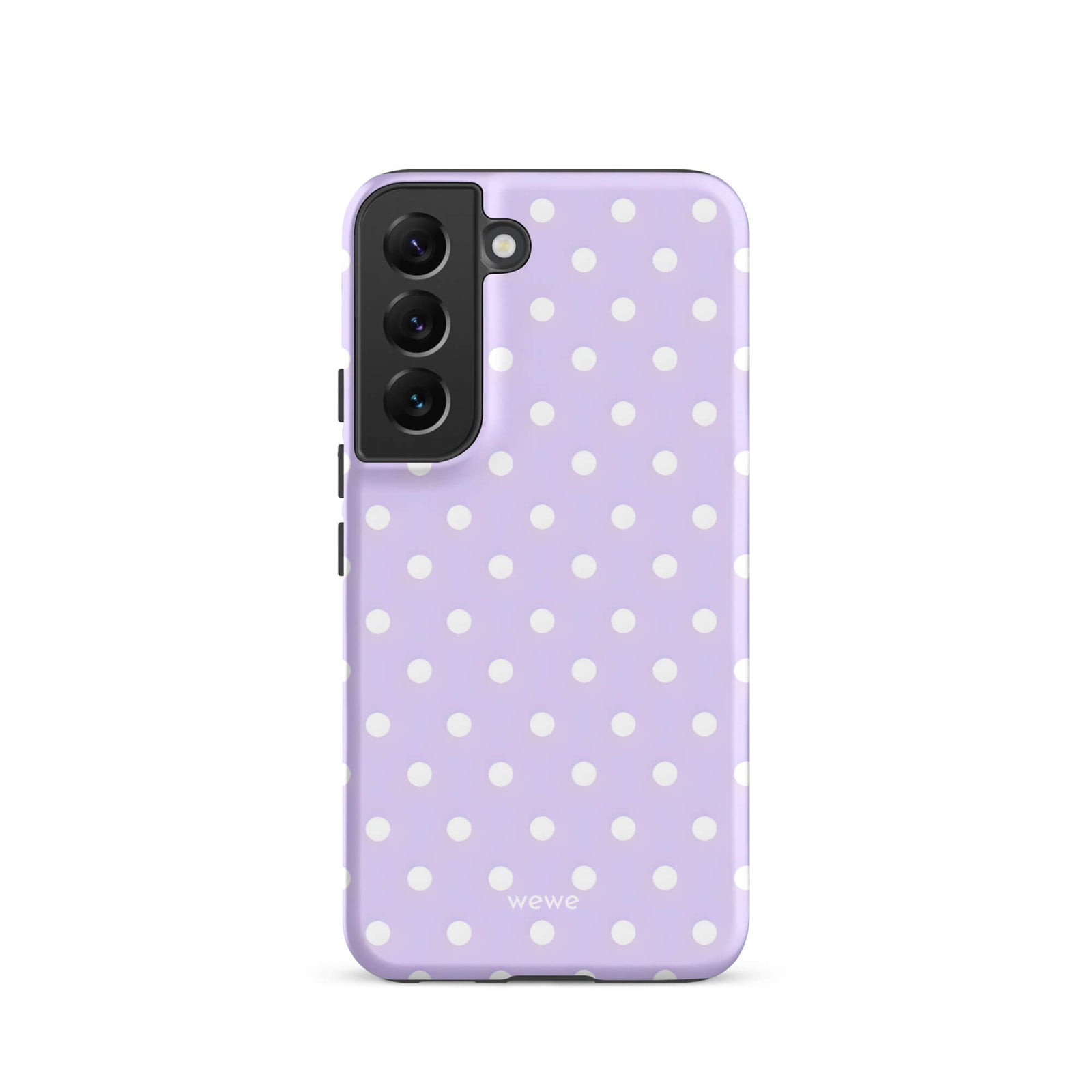 Custom samsung galaxy s22 with a soft purple background and a pattern of small white polka dots.