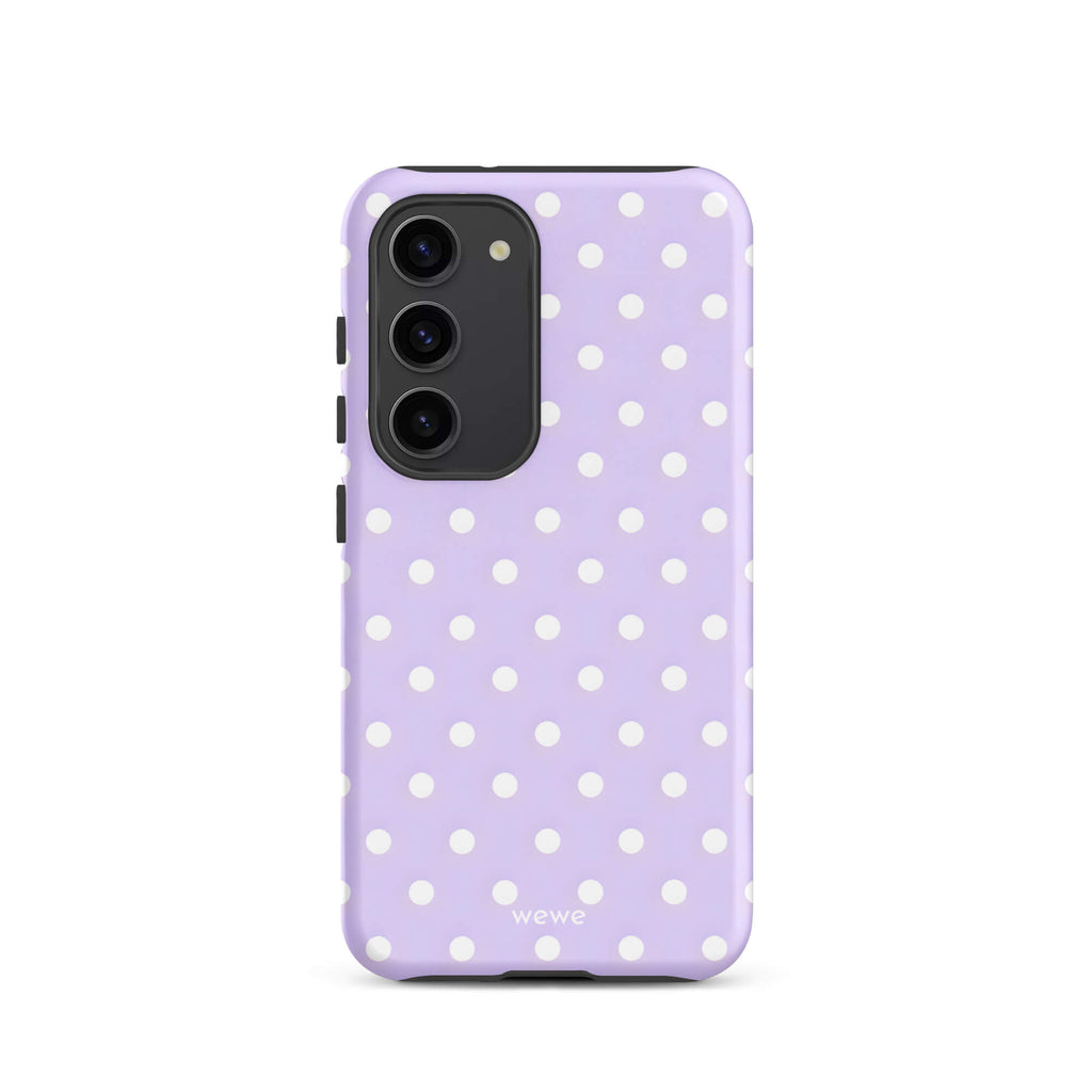 Custom samsung galaxy s23 with a soft purple background and a pattern of small white polka dots.