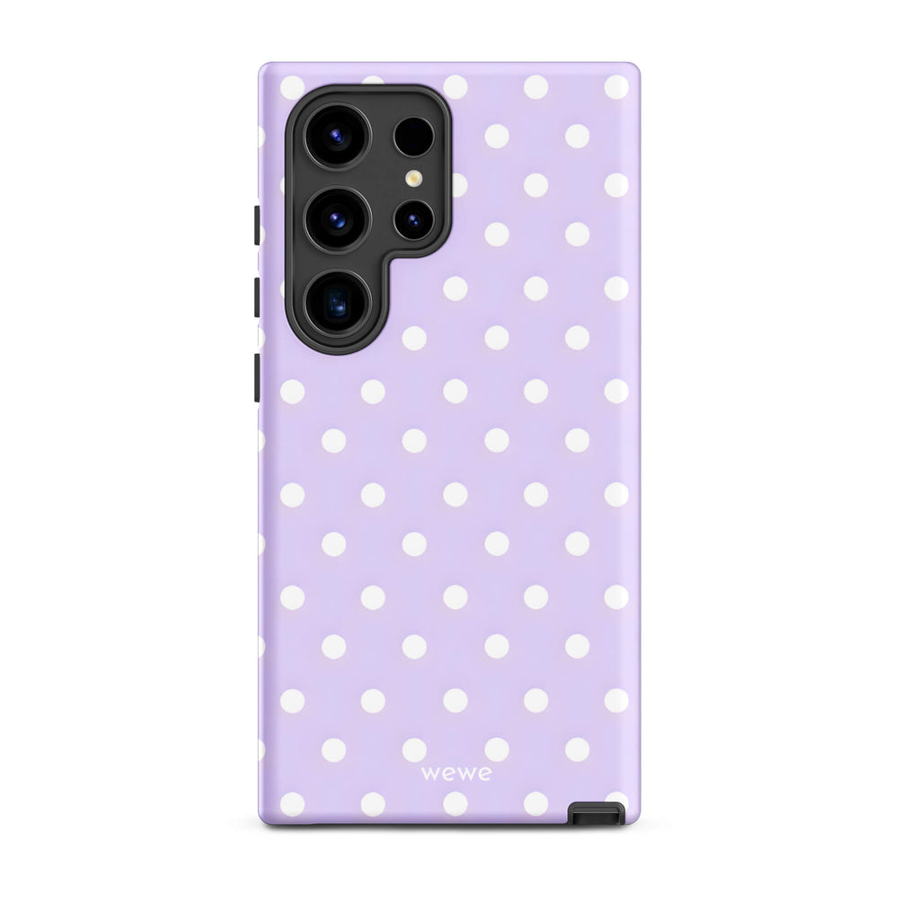 Custom samsung galaxy s24 ultra with a soft purple background and a pattern of small white polka dots.