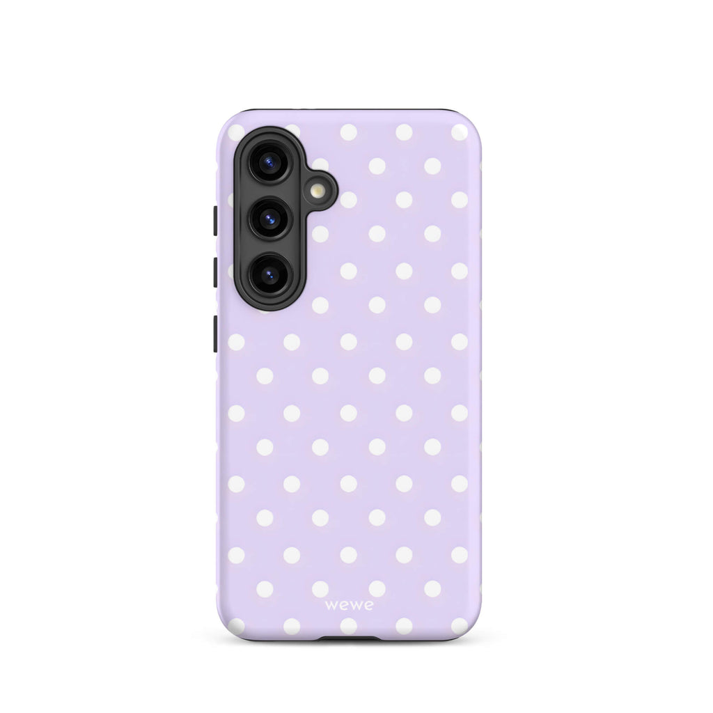 Custom samsung galaxy s24 with a soft purple background and a pattern of small white polka dots.