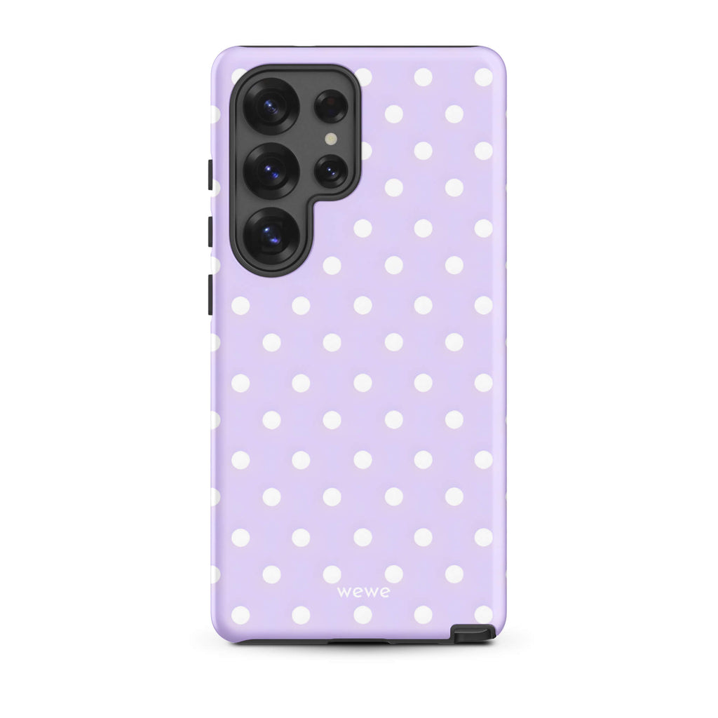 Custom samsung galaxy s25 ultra with a soft purple background and a pattern of small white polka dots.