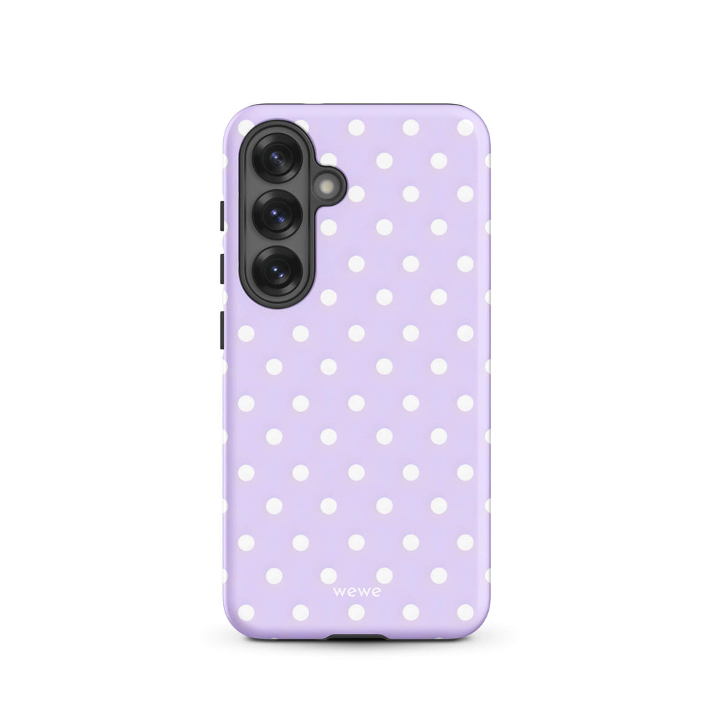 Custom samsung galaxy s25 with a soft purple background and a pattern of small white polka dots.
