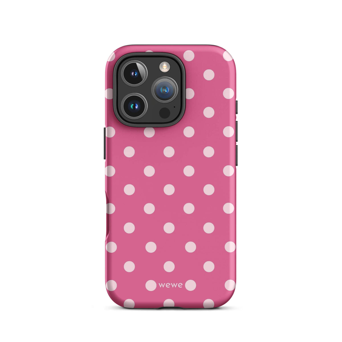 Raspberry-pink iPhone case with evenly spaced blush-pink polka dots