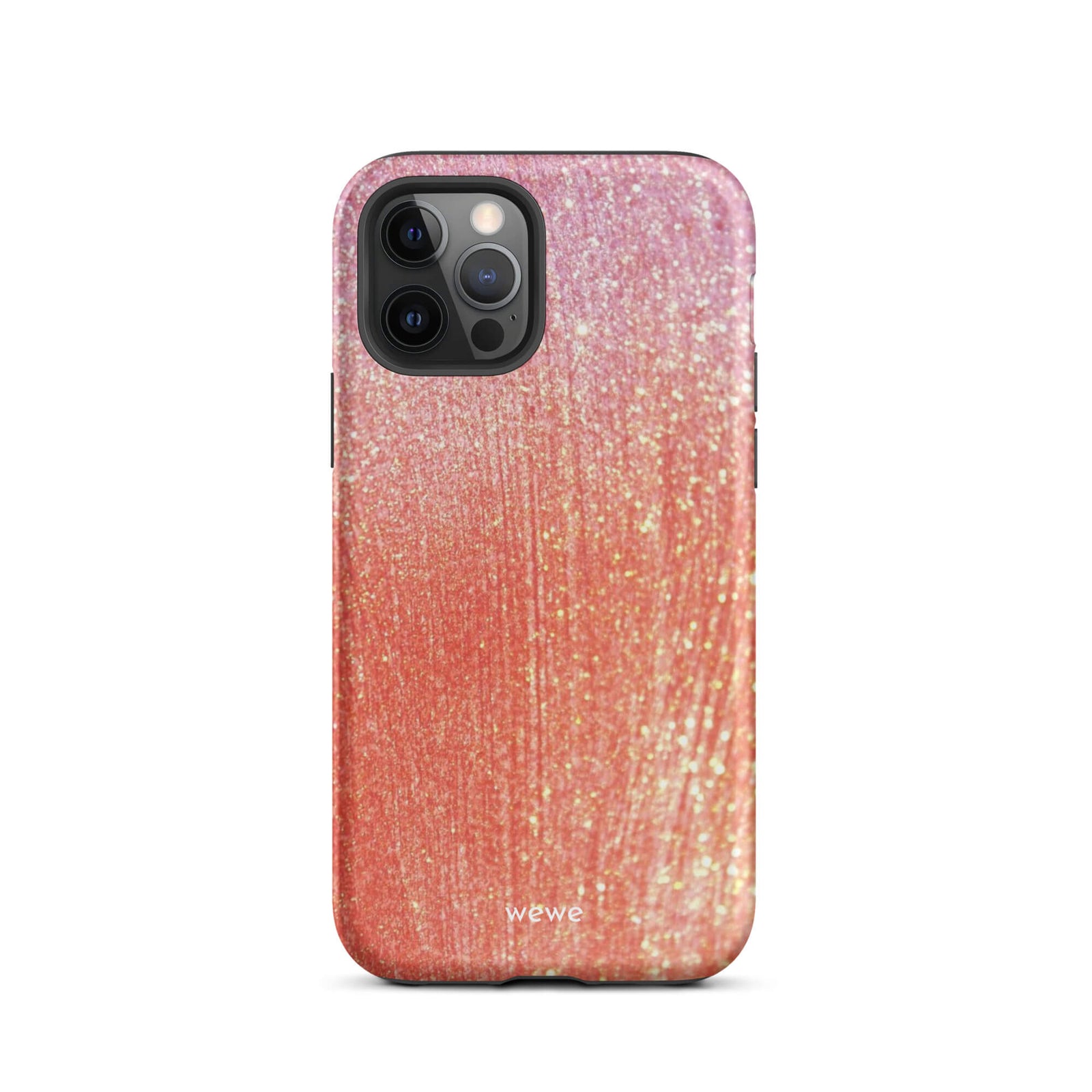 Custom iPhone case 12 pro with a sparkling rose gold glitter ombre design, fading from darker pink to lighter gold.