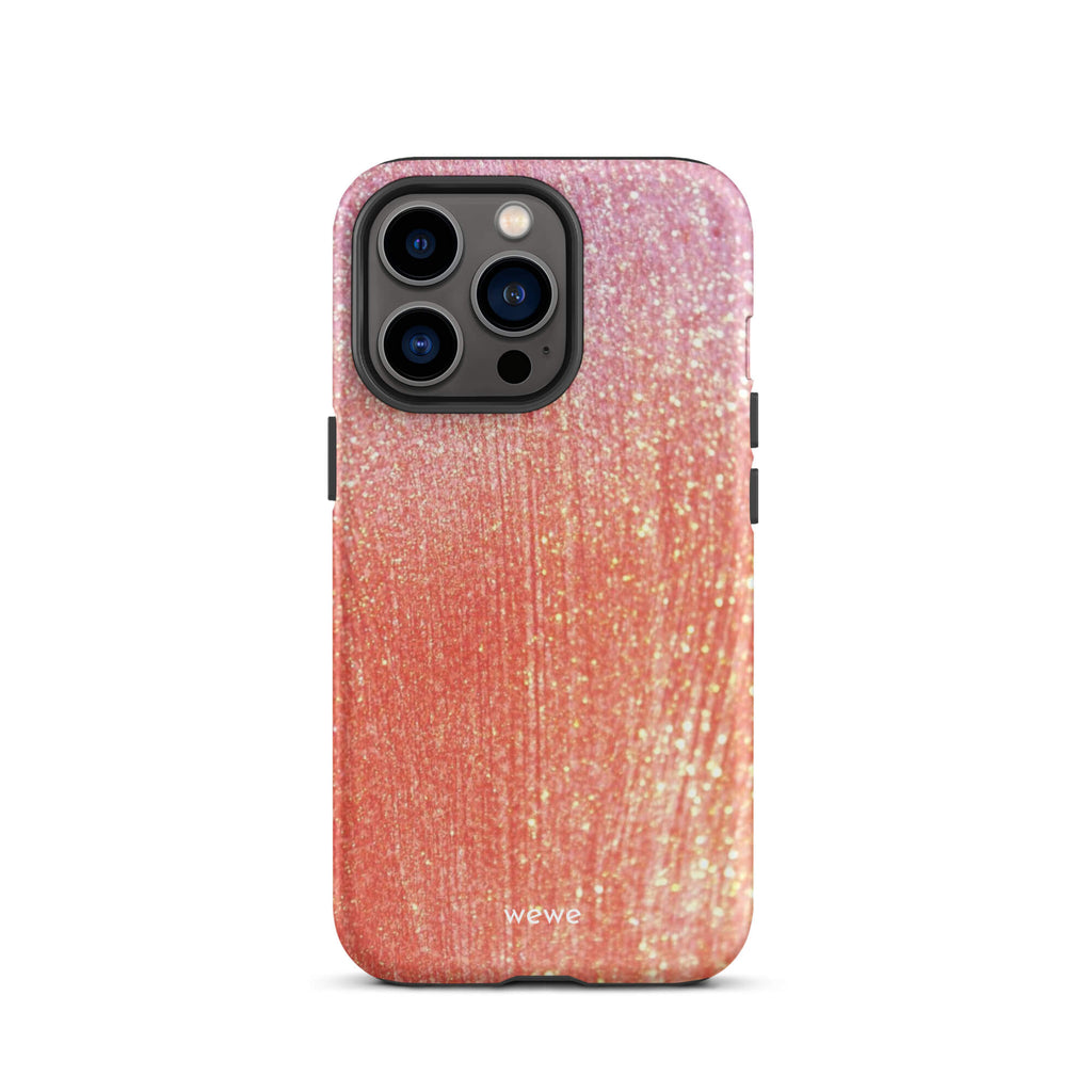 Custom iPhone case 13 pro with a sparkling rose gold glitter ombre design, fading from darker pink to lighter gold.