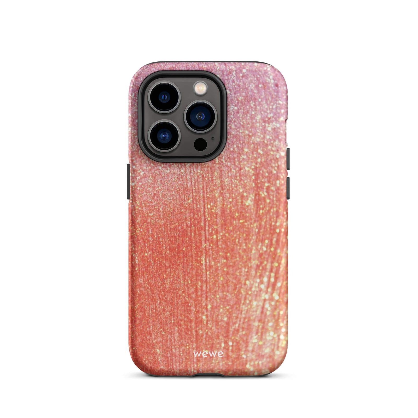 Custom iPhone case 14 pro with a sparkling rose gold glitter ombre design, fading from darker pink to lighter gold.