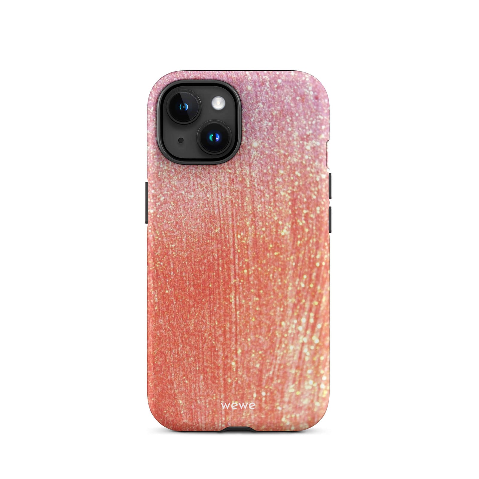 Custom iPhone case 15 with a sparkling rose gold glitter ombre design, fading from darker pink to lighter gold.