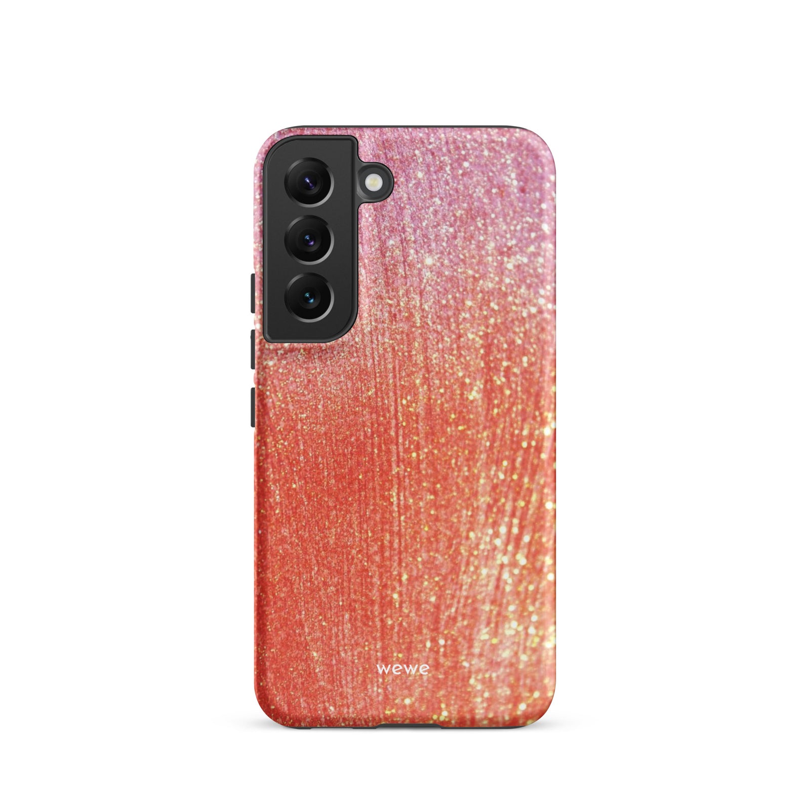 Custom samsung galaxy s22 Phone case with a sparkling rose gold glitter ombre design, fading from darker pink to lighter gold.